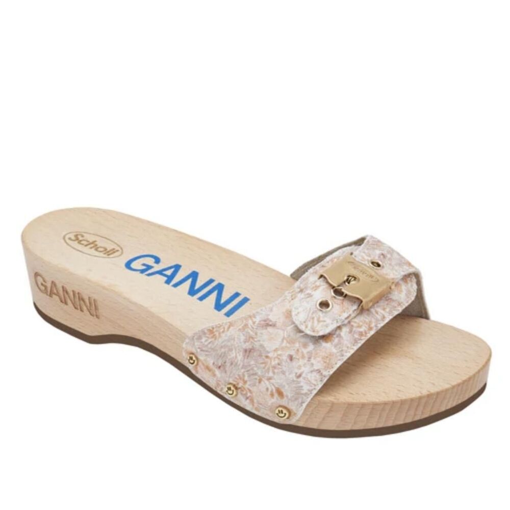 Ganni Scholl Clog Sandal 9 Casual Platform Wood Slide Floral Print Trendy Brown